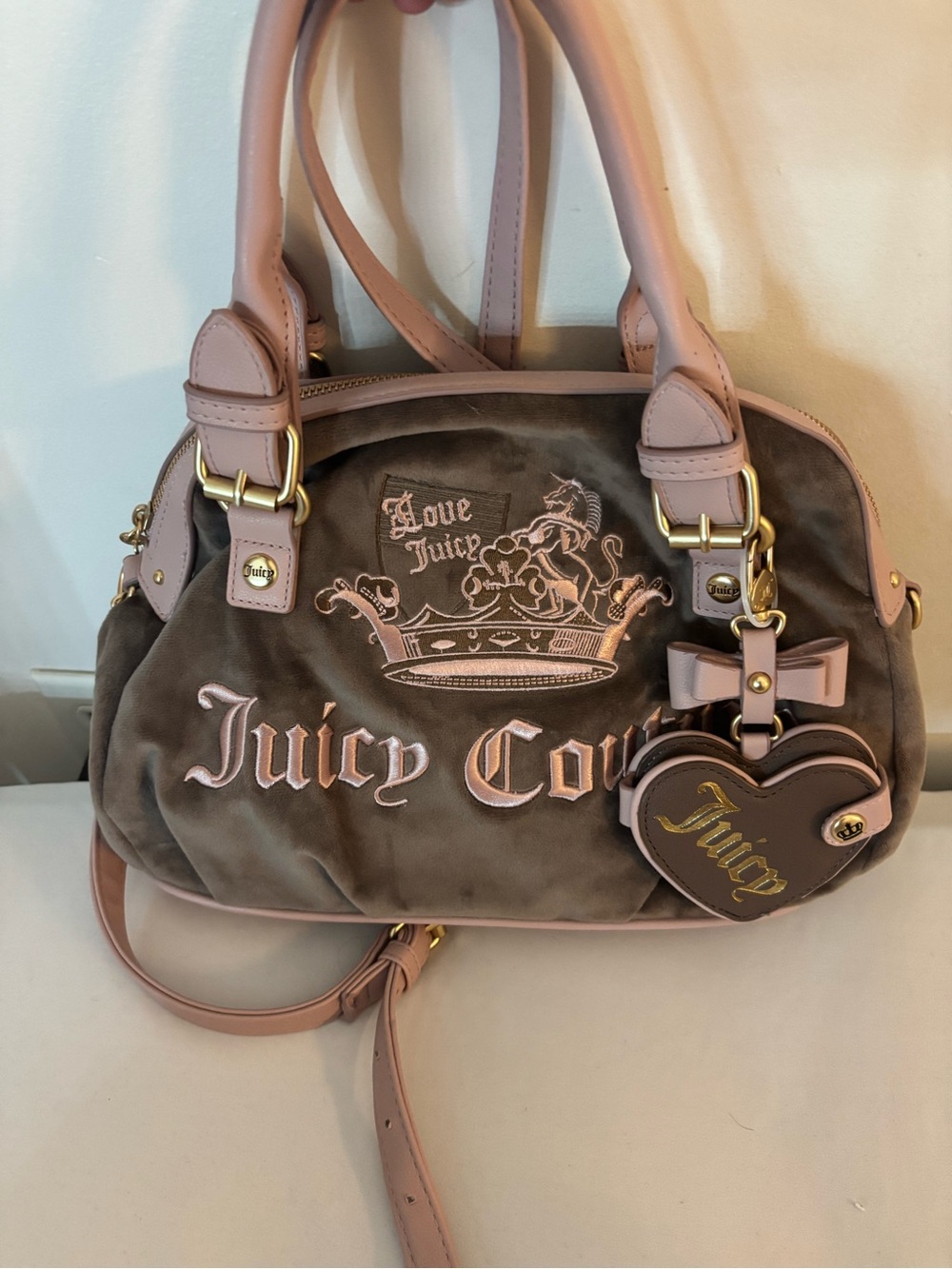 Juicy Couture Pink and Brown Velvet Satchel crossbody with Heart Charm